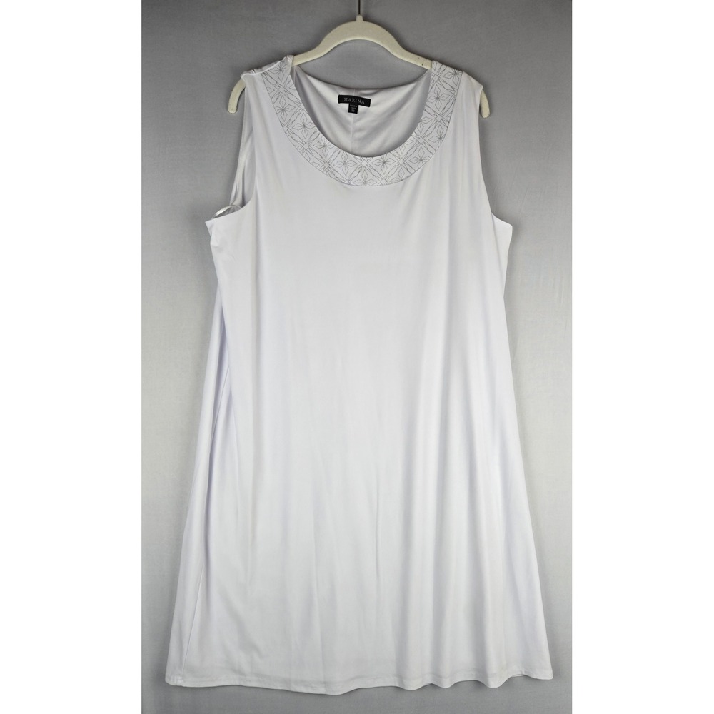 Marina Womens White Sleeveless Shift Dress Silver Glitter Neckline Size 18